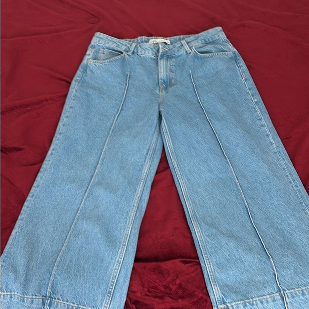 Zara Light Blue Wide-Leg Jeans with Front Seams